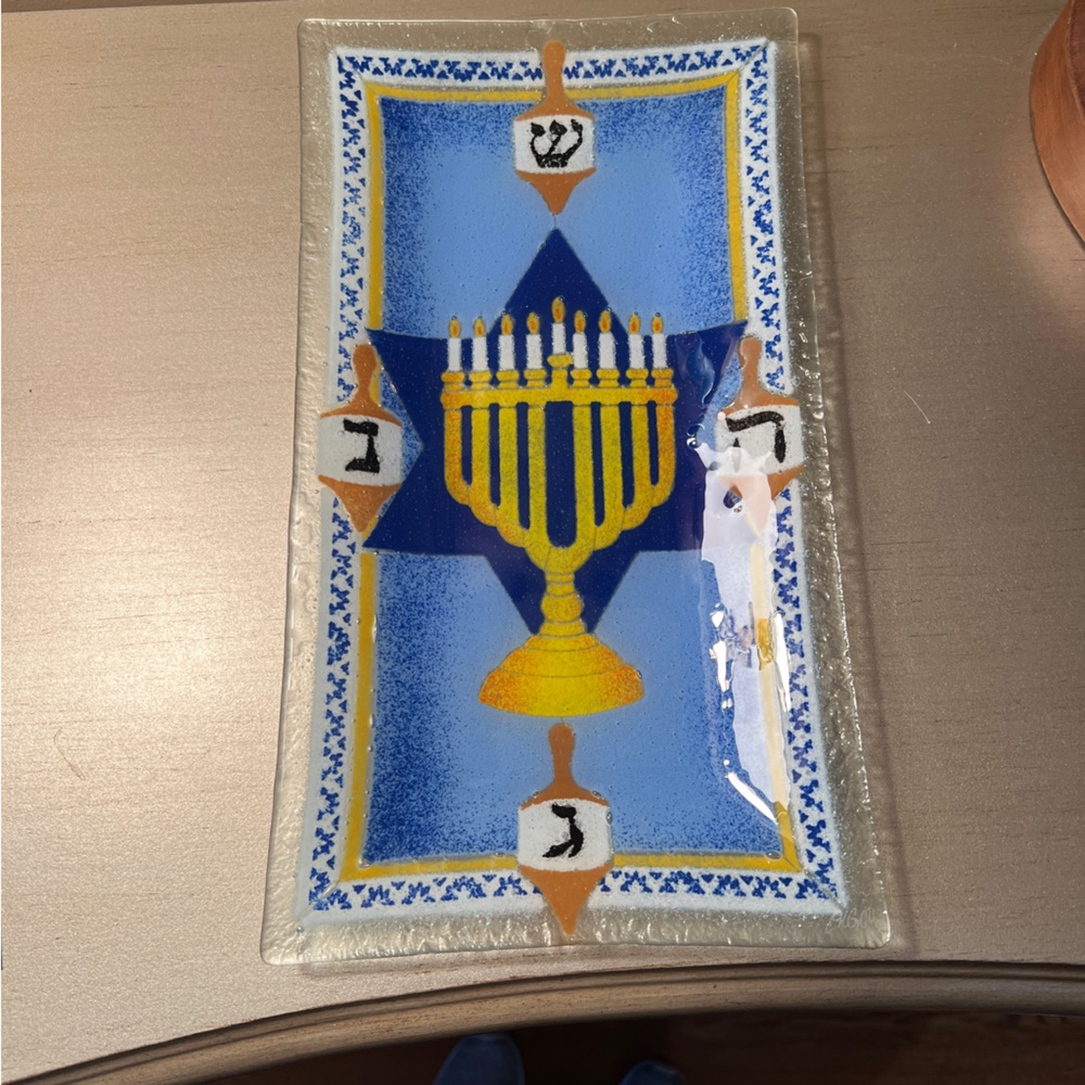Peggy Karr Menorah Star of David fused glass plate-Rare!!